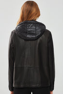 Tyler Women's Black Oversize Double Collar Hooded Leather Coat | Derimod