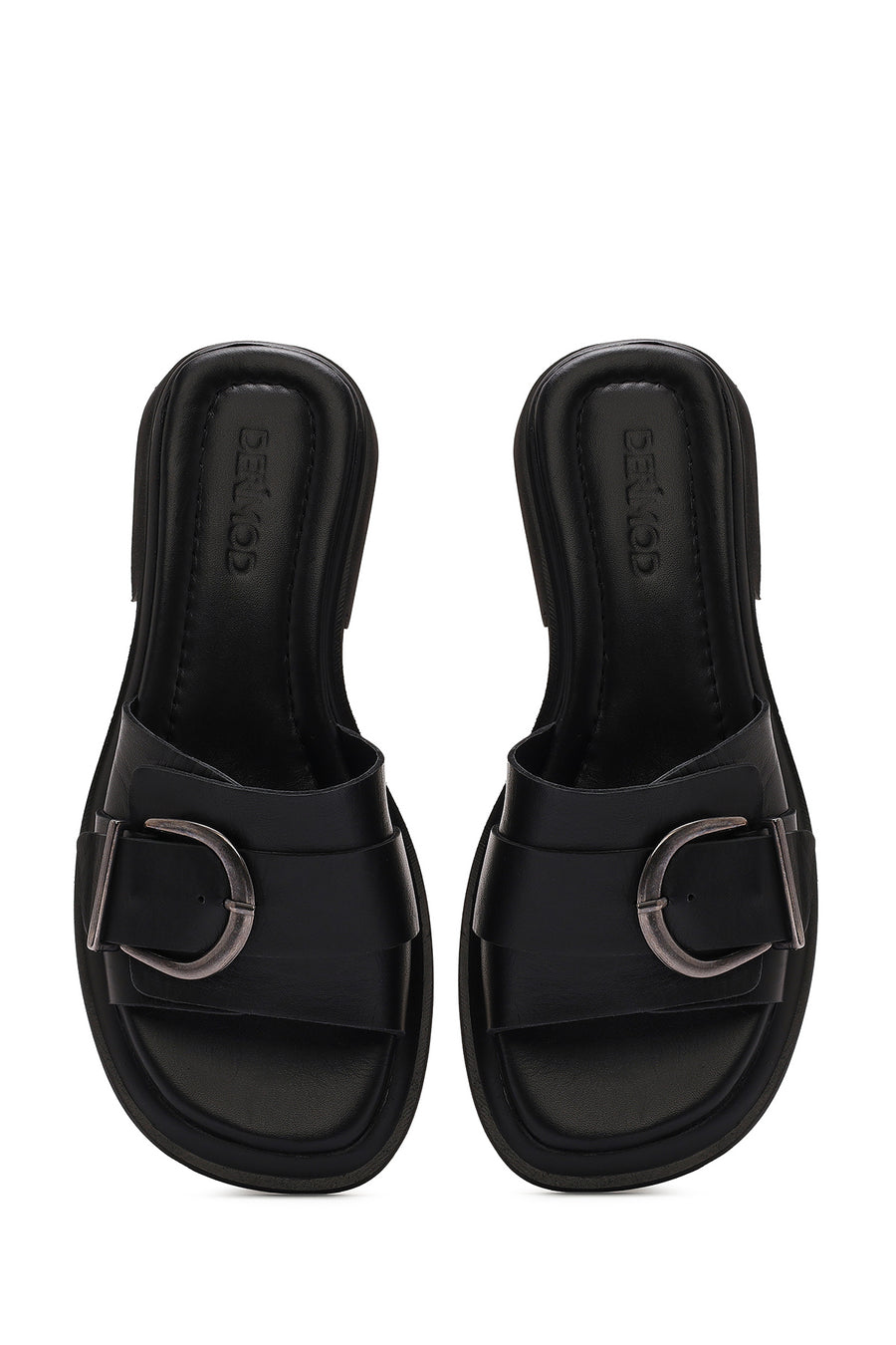 Women's Black Buckle Leather Slippers