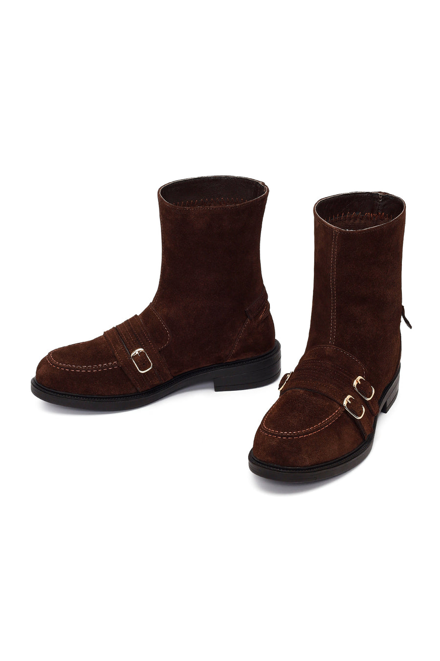 Woman Brown Buckled Suede Boots