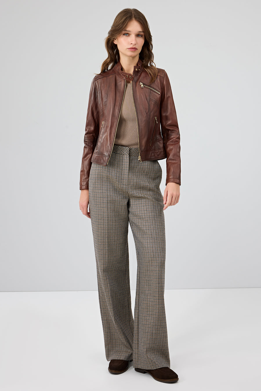 Kylie Women's Brown Mandarin Collar Leather Jacket