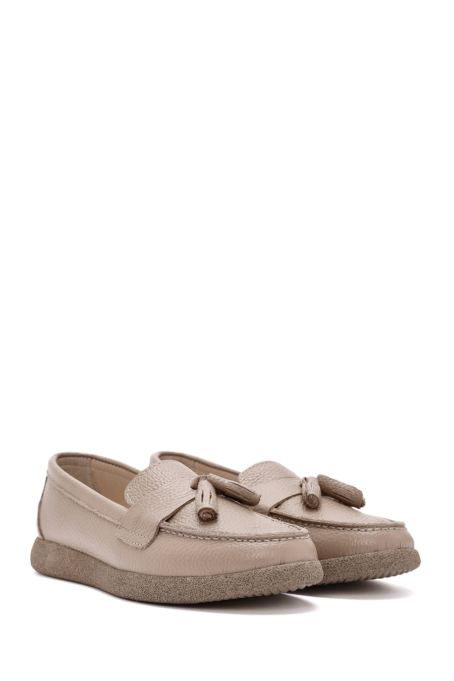 Kadın Vizon Püsküllü Deri Comfort Loafer