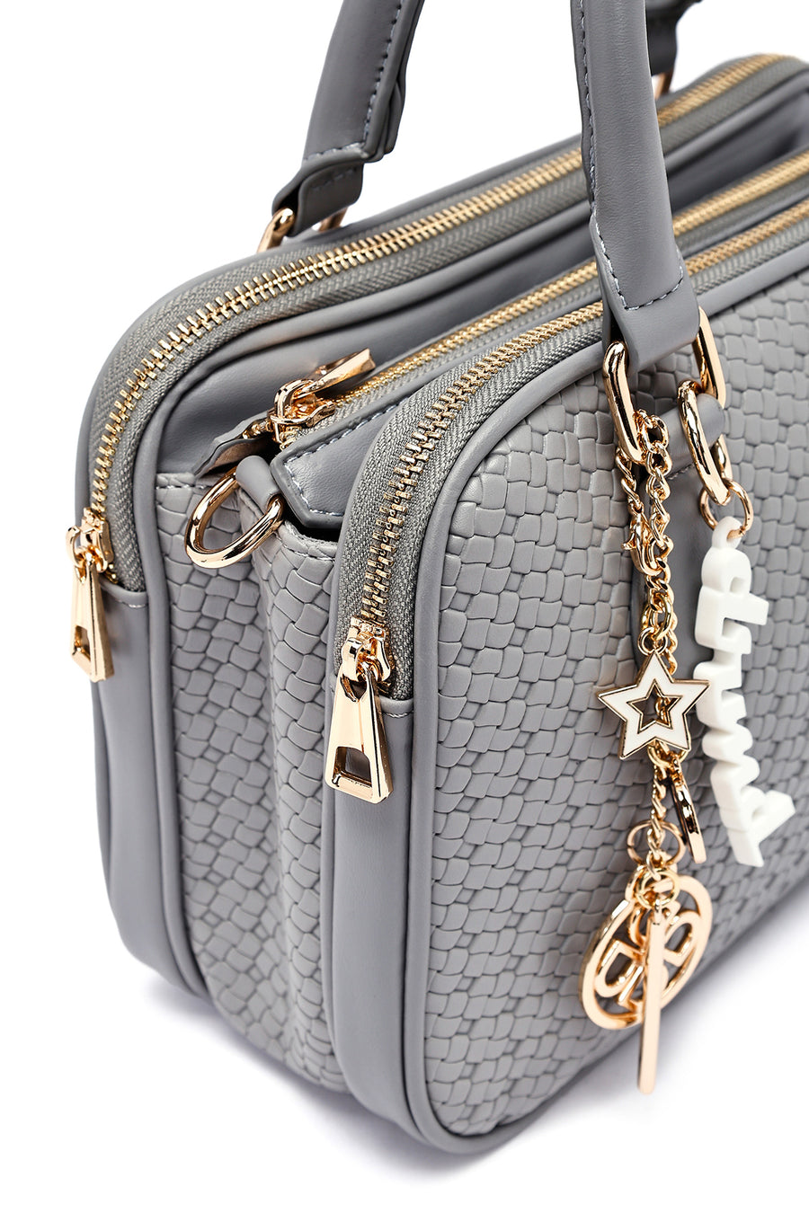 Woman Grey Long Strap Printed Charm Shoulder Bag