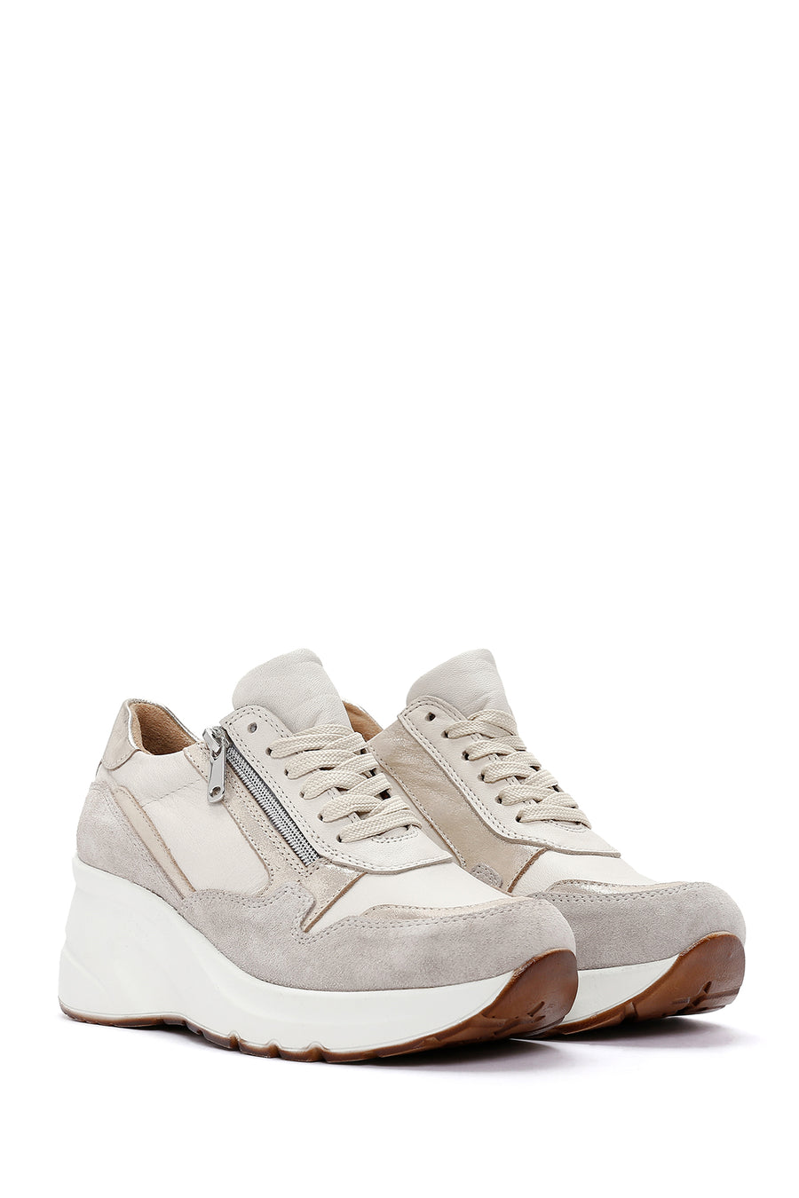 Women's Beige Lace-Up Zipper Detail Wedge Heel Leather Sneakers