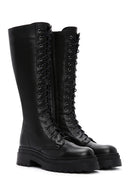 Women's Black Zippered Laced Flat Leather Boots | Derimod