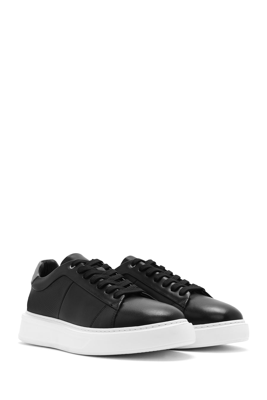Men's Black Lace-up Thick-Sole Leather Sneaker