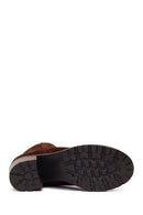 Woman Brown Zip Closure Chunky Heeled Suede Casual Boots | Derimod