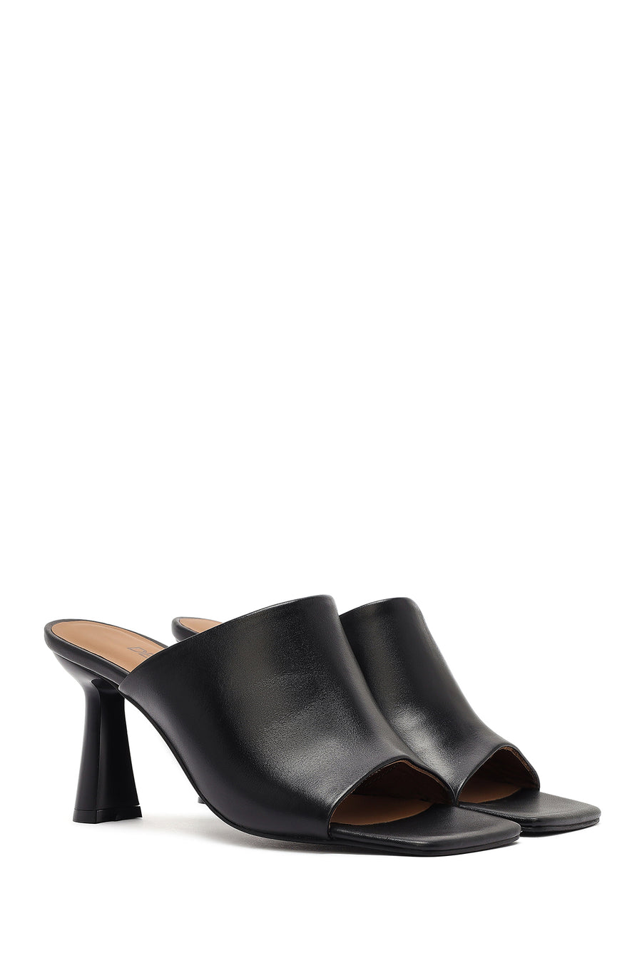Women's Black Heeled Leather Slippers