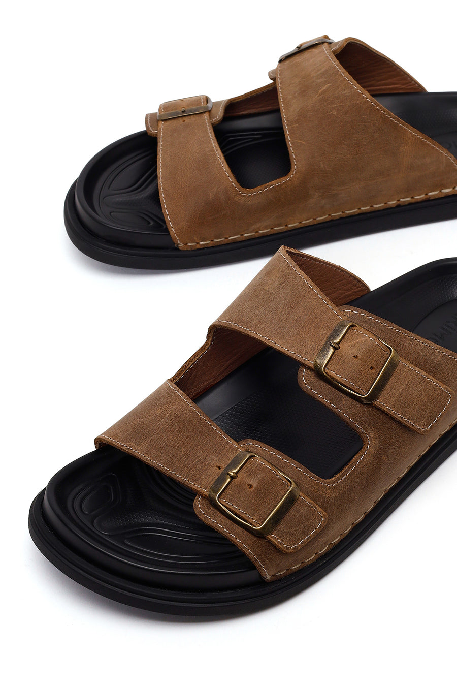 Male Beige Double-Buckle Nubuck Leather Slipper