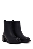 Woman Black Zip Closure Thick-Heeled Leather Boots | Derimod