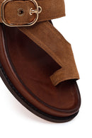 Woman Tan Suede Toe-Post Sandal | Derimod