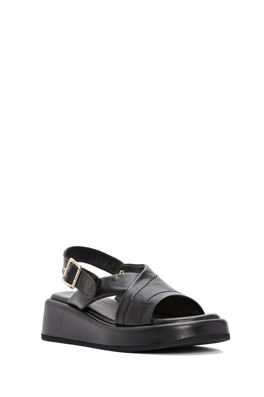 Women's Black Ankle Buckle Thick Soled Leather Sandals