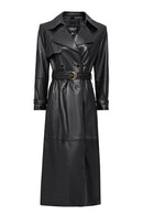 Jenny -X Women's Black Belt Detailed Leather Trench Coat | Derimod