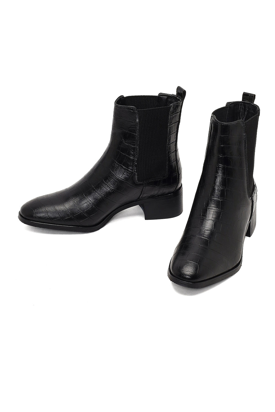 Women's Black Croco Patterned Short Thick Heel Leather Chelsea Boot