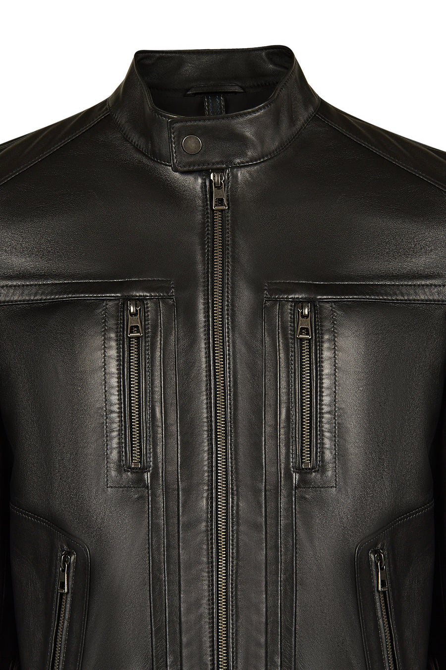 Calvin Male Black Mandarin Collar Leather Jacket