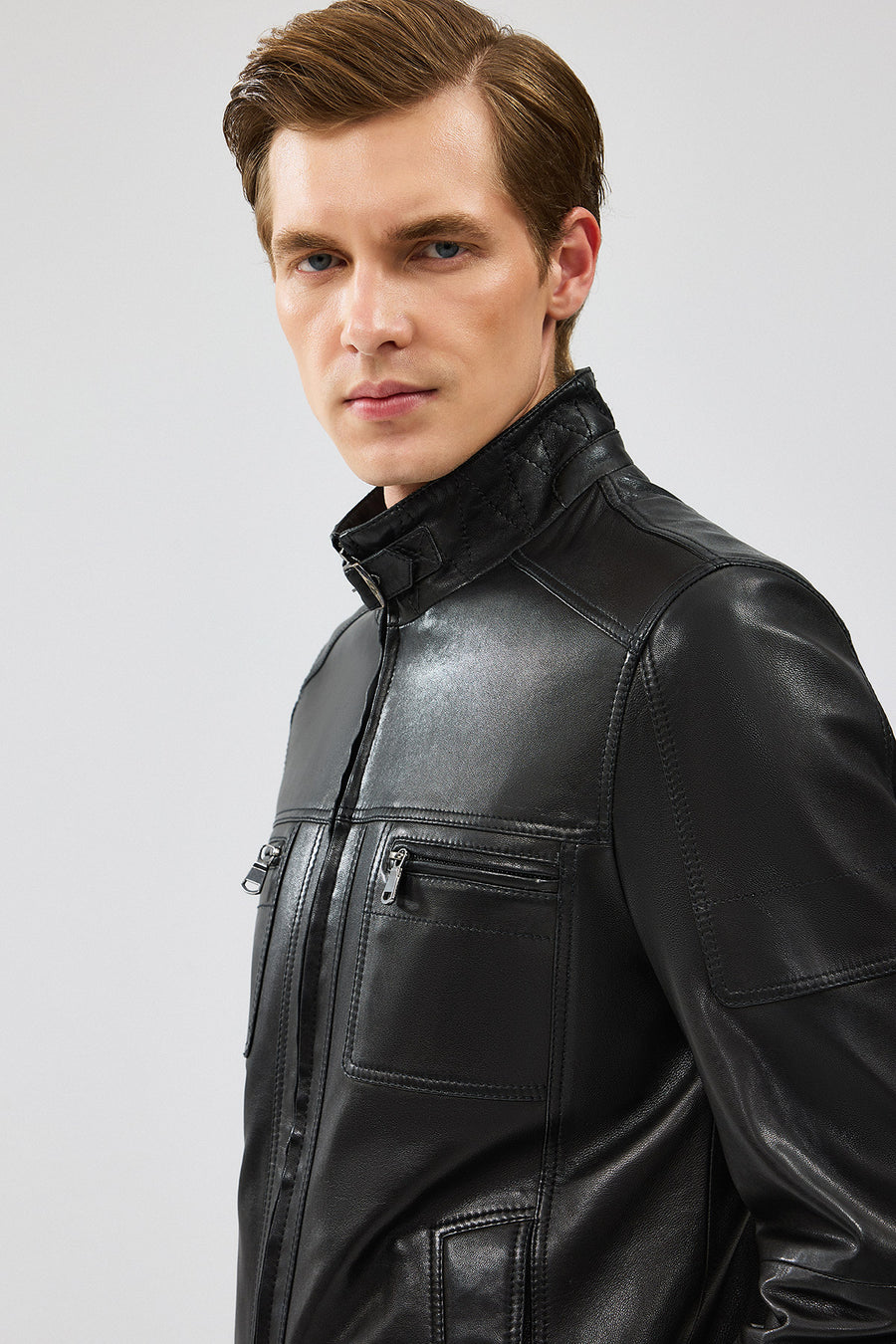 Wade Erkek Siyah Slim-Fit Deri Mont