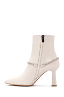 Women's Beige Leather Zippered Chain Heeled Classic Boots | Derimod