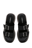 Women's Black Double Buckle Thick Soled Leather Slippers | Derimod