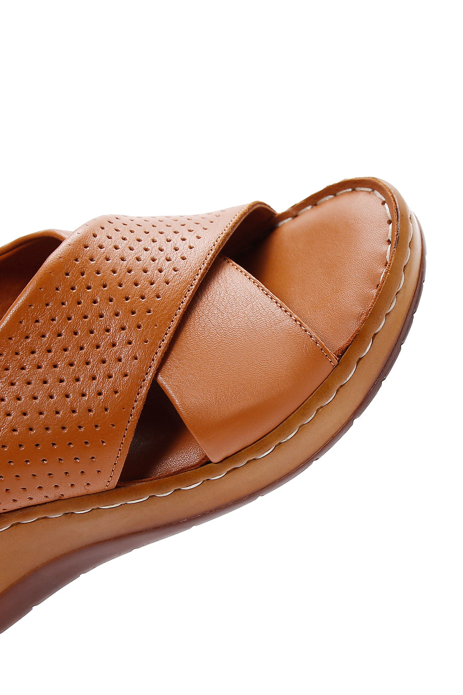 Women's Tan Wedge Heeled Leather Comfort Sandals with Ankle Strap