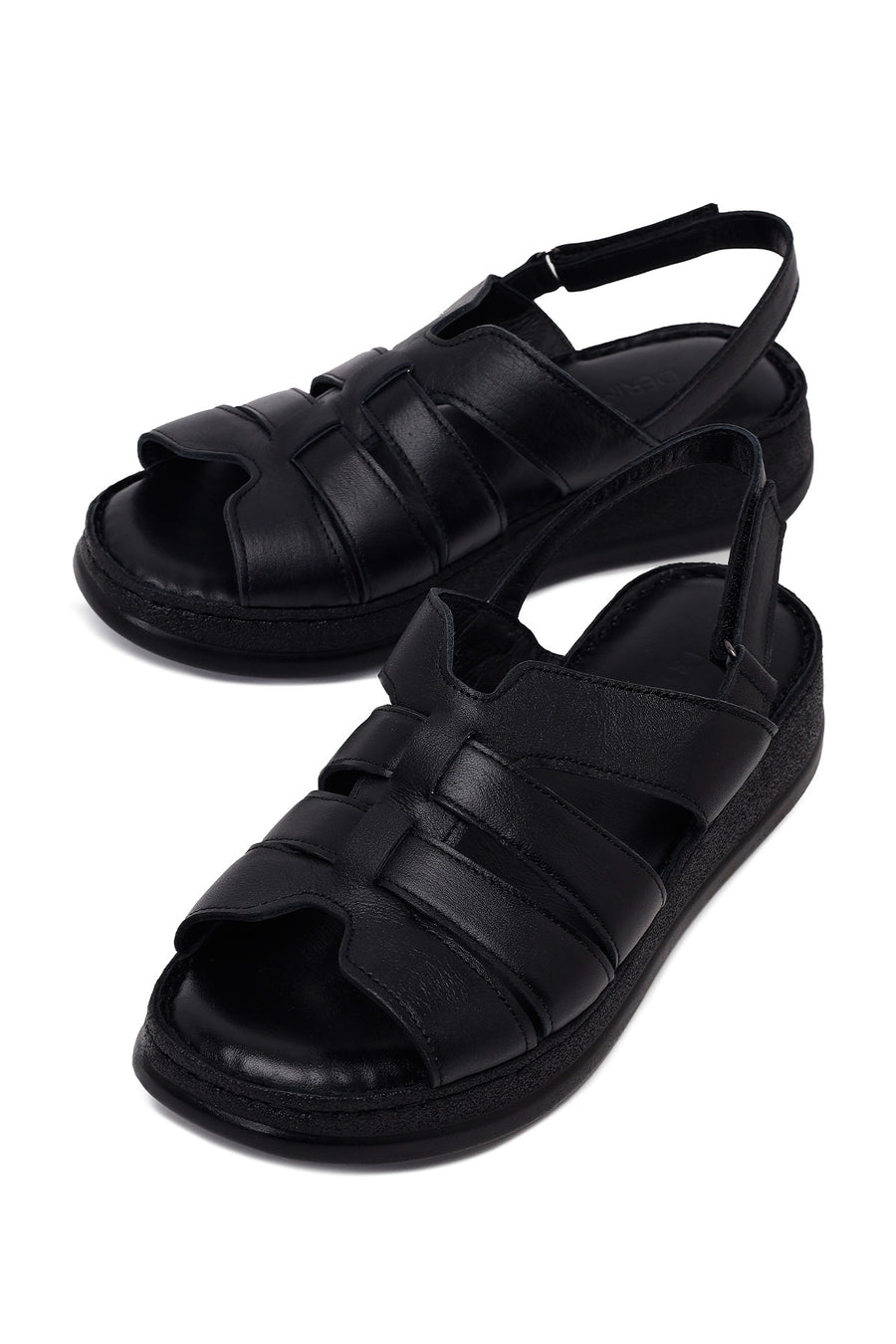 Woman Black Strappy Thick-Soled Leather Comfort Sandal