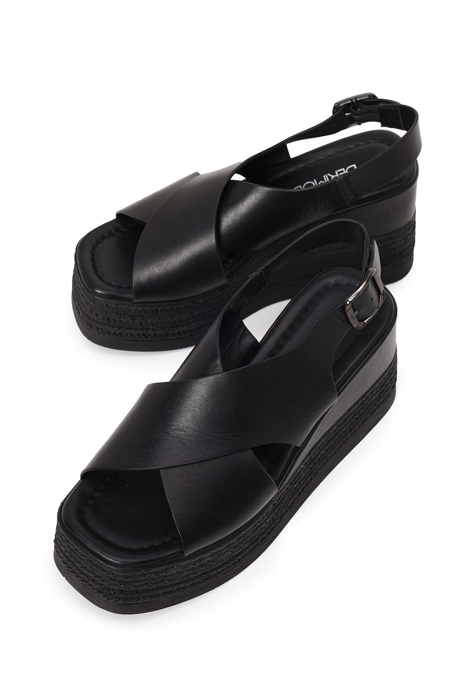 Woman Black Ankle-Buckle Wedge-Heel Leather Sandal