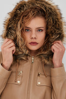 Monica Women's Beige Hooded Leather Coat with Fur Collar | Derimod