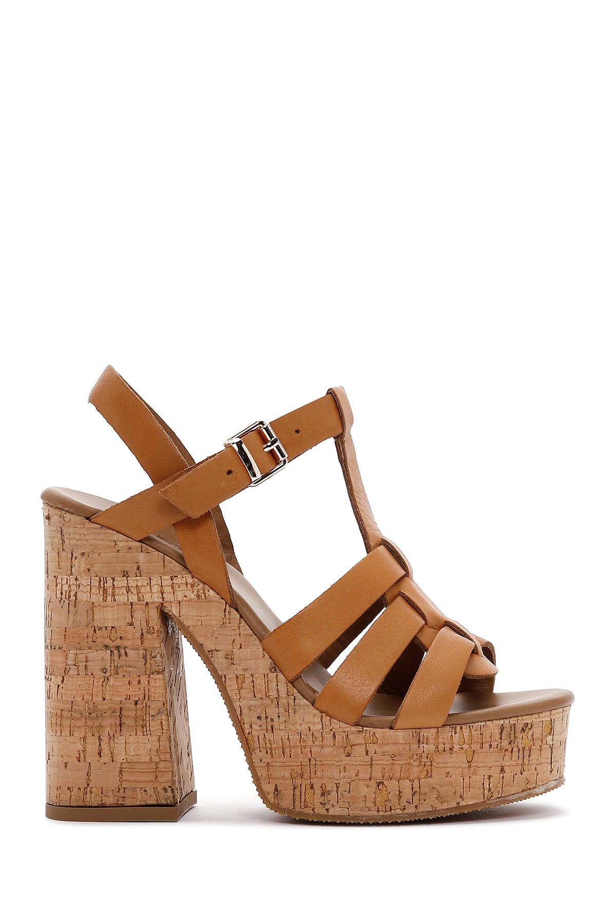 Women's Tan Leather Platform Heeled Sandals 23SFD550418 | Derimod