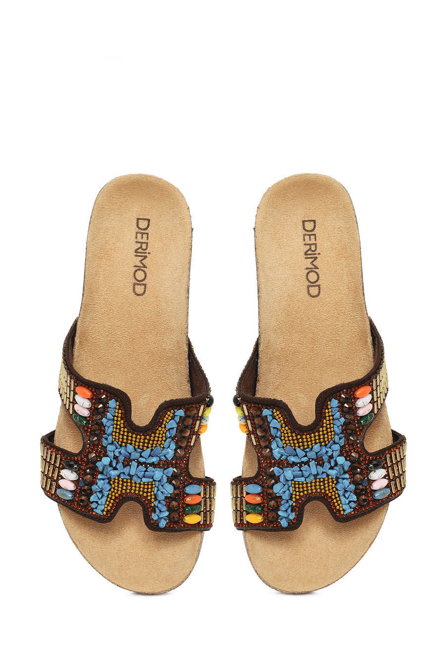 Woman Brown Embellished Wedge-heel Slippers