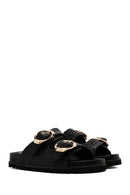 Women's Black Double Buckle Straw Slippers | Derimod