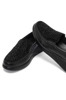 Woman Black Stone-Detail Wedge Heel Leather Comfort Shoes | Derimod