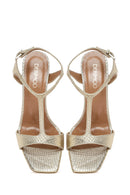 Women's Gold Metallic Patterned High Thin Heel Leather Sandals | Derimod