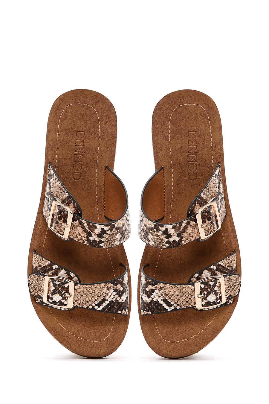 Women's Brown Double Buckled Patterned Slippers