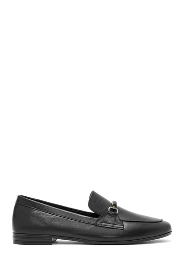 Woman Black Buckle-Detail Leather Masculine Loafer AF350001DV | Derimod