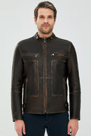 Jokic Brown Men's Vintage Slim-Fit Leather Jacket | Derimod