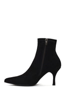 Woman Black Zip Closure Thin-Heeled Suede Boots | Derimod