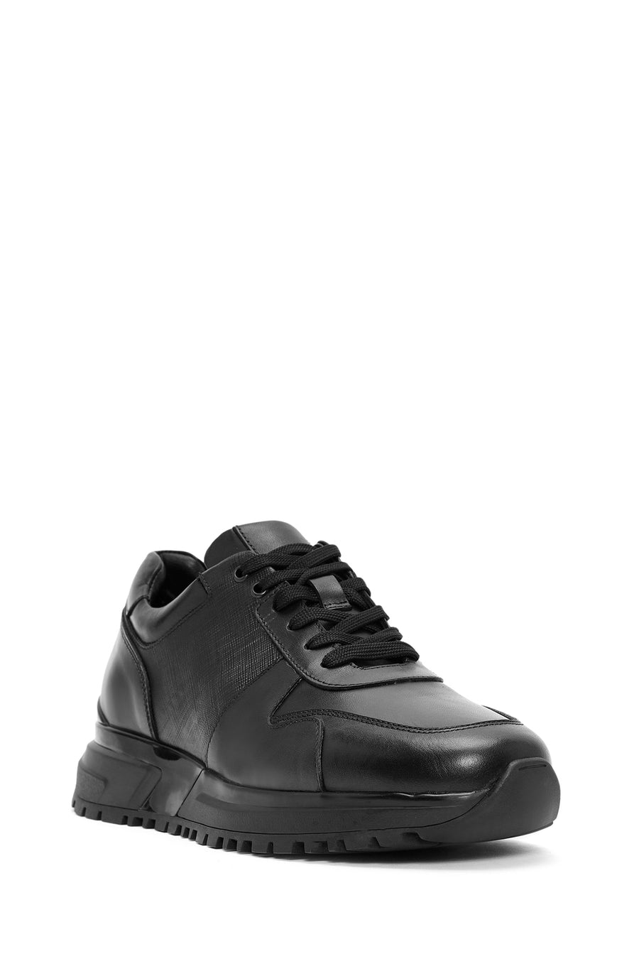 Erkek Siyah Bağcıklı Kalın Tabanlı Deri Sneaker