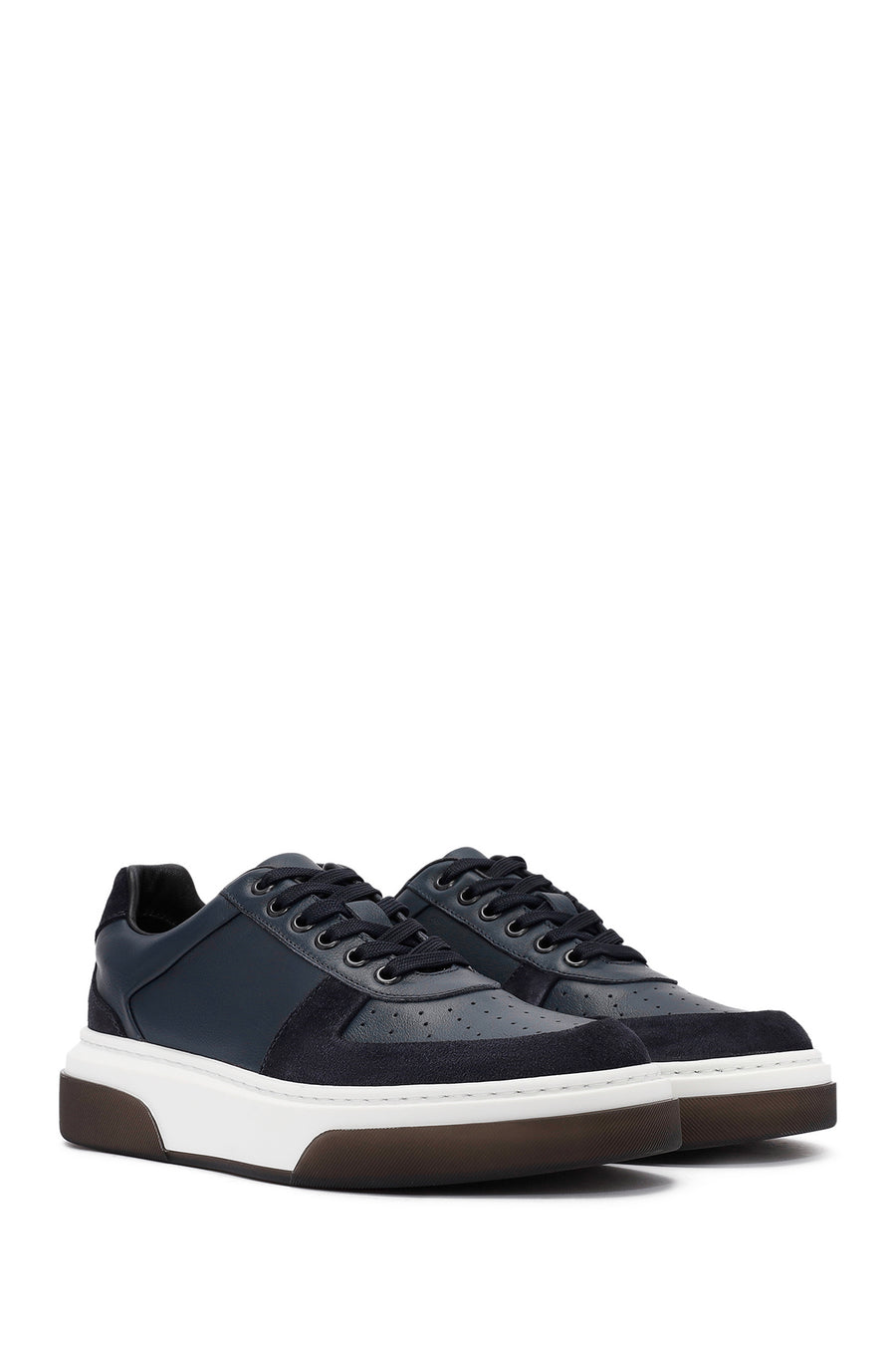 Men's Navy Blue Lace-up Thick-Sole Leather Sneaker