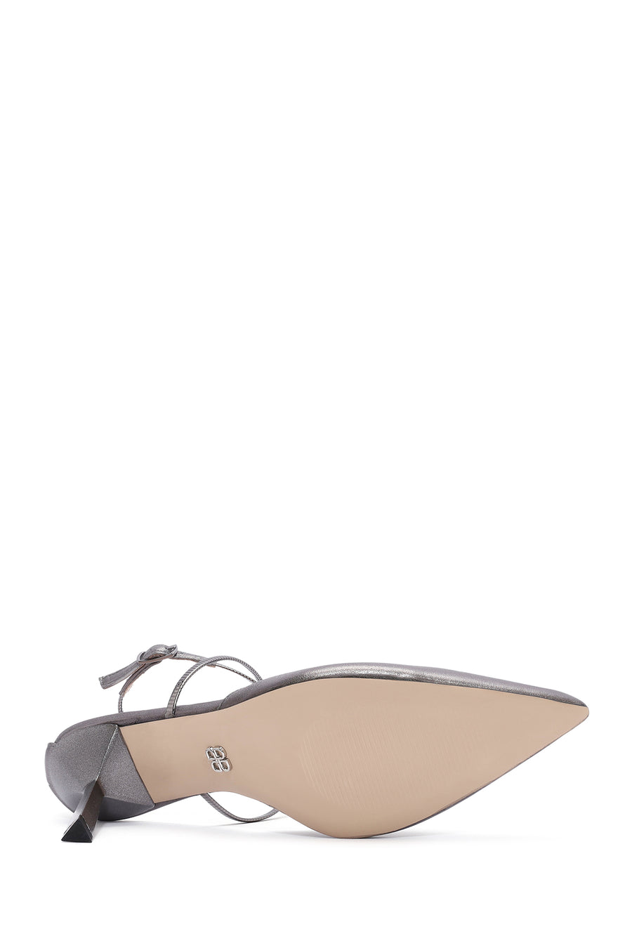 Women's Grey Ankle Strap Thin Heel Metallic Leather Shoes