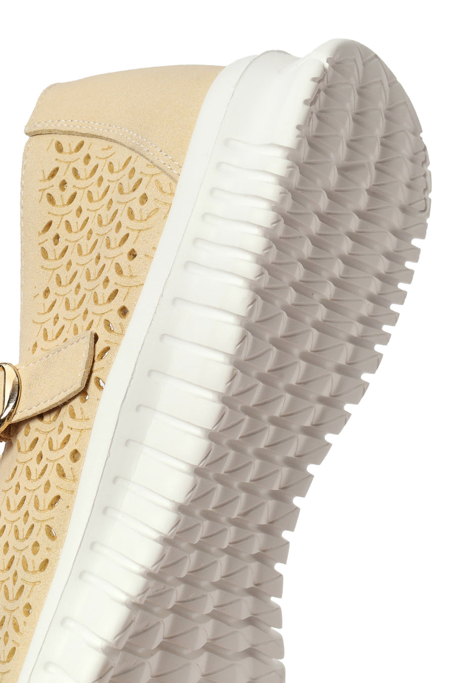 Woman Beige Patterned Suede Comfort Buckle Shoes