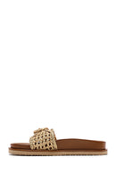 Women's Gold Buckled Straw Leather Slippers | Derimod