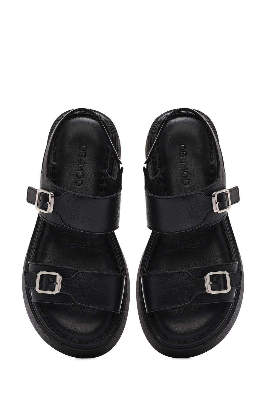 Women's Black Buckle Thick-Soled Leather Comfort Sandals