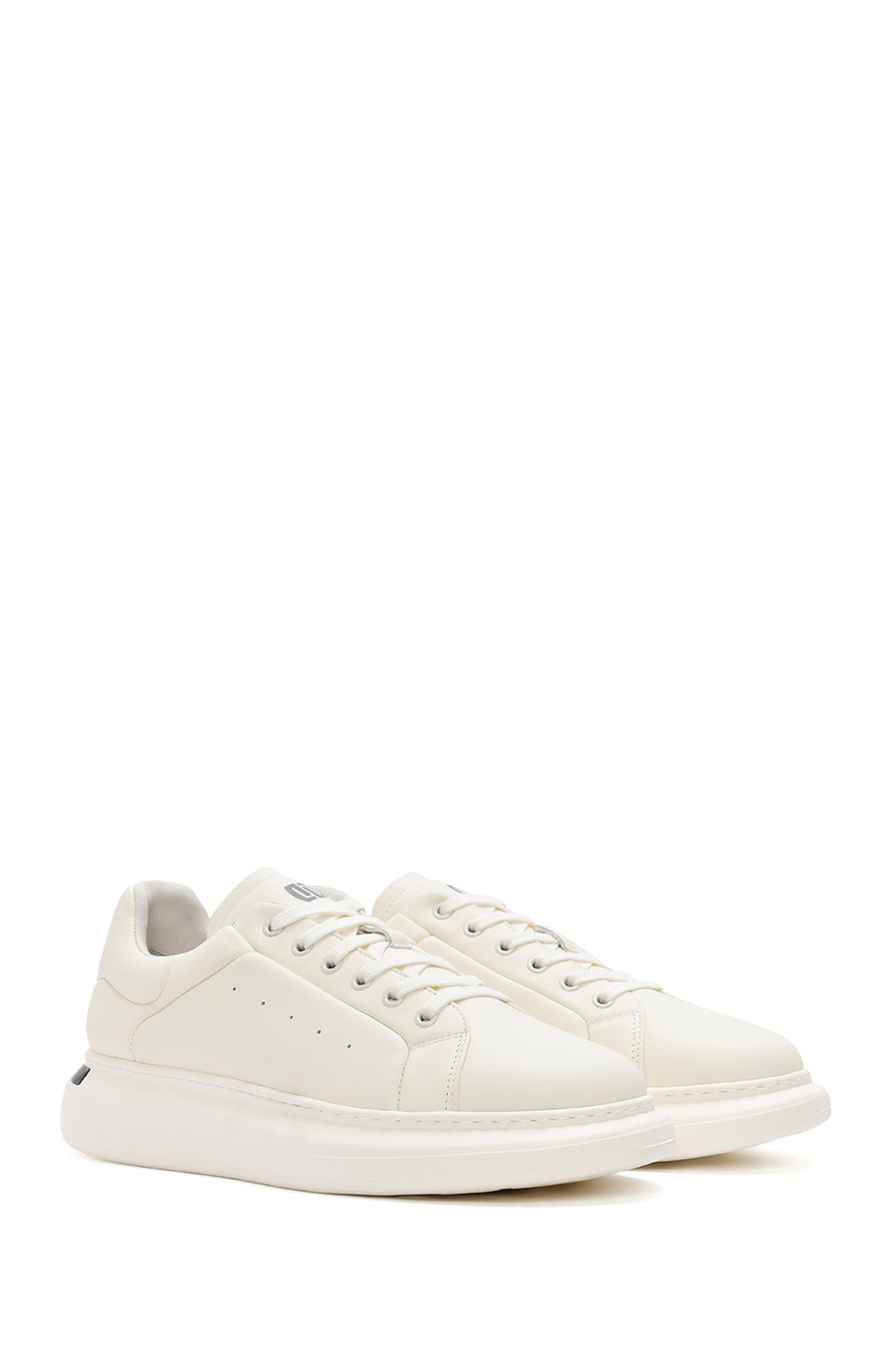 Men's White Lace-up Thick-Sole Leather Sneaker