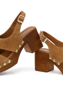 Women's Tan Suede Leather Sandals with Buckle Back and Platform Heel | Derimod