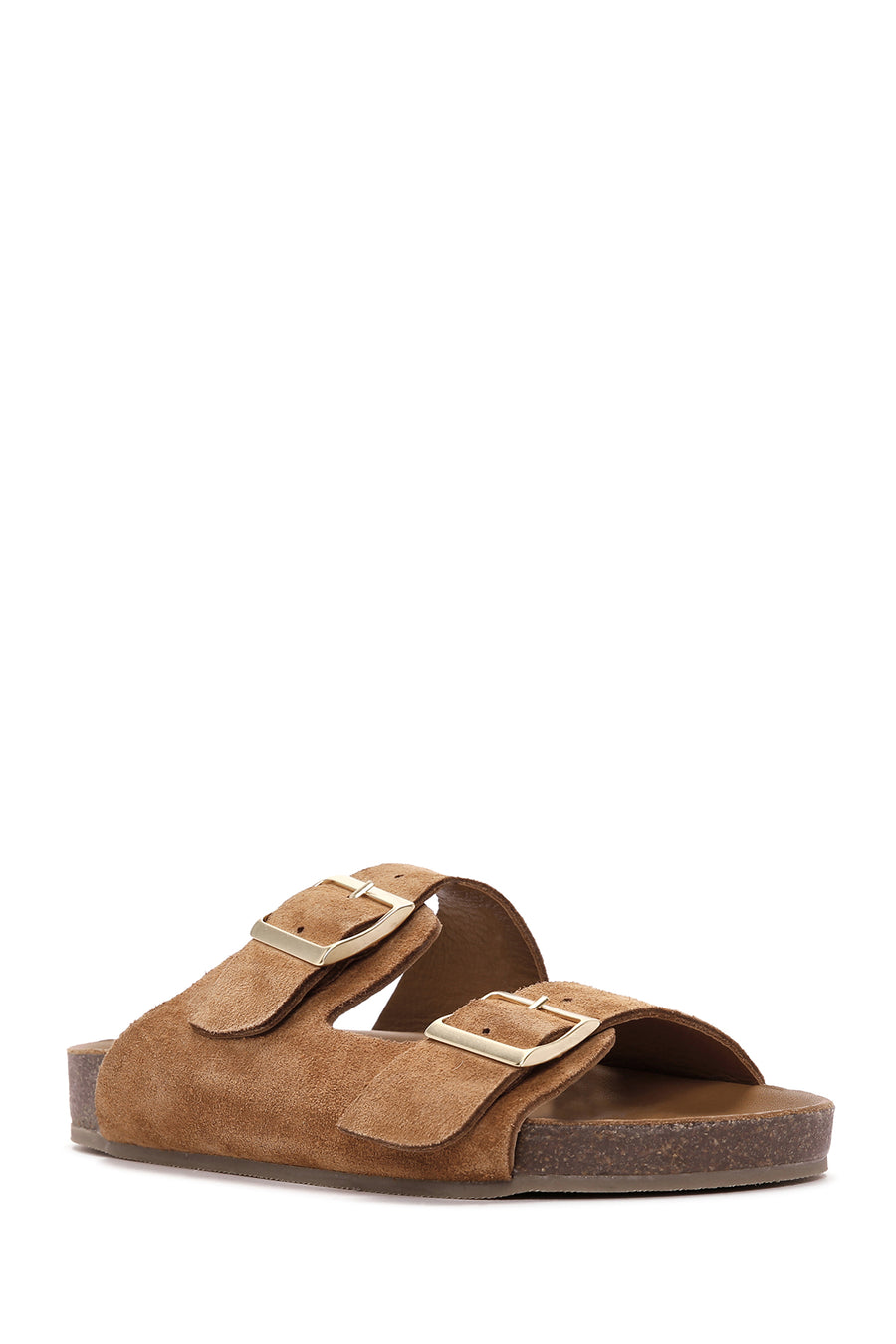 Women's Tan Double Buckle Suede Leather Slippers