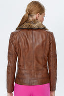 Belinda Women's Cognac Shearling Leather Jacket | Derimod