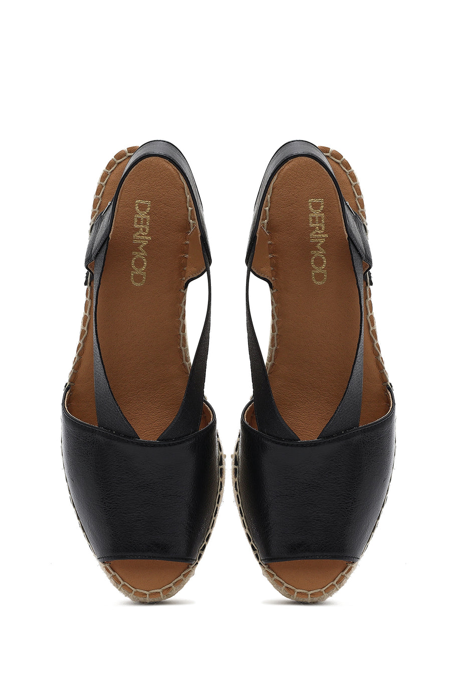 Women's Black Wedge Heeled Leather Espadrille Sandals