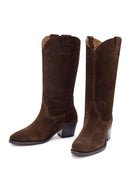 Women's Brown Chunky Heel Suede Leather Cowboy Boots | Derimod