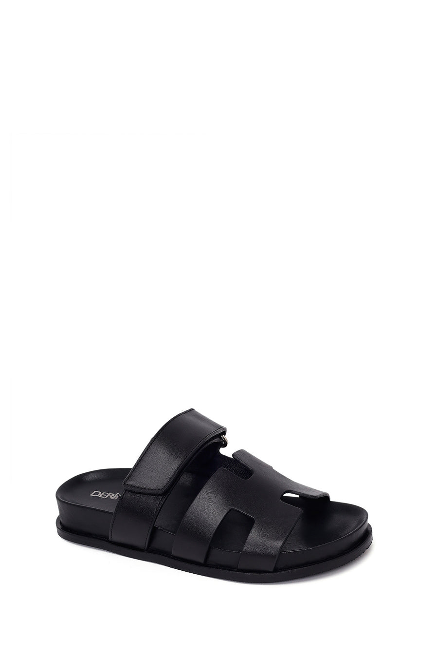 Woman Black Strap Thick Sole Leather Slipper