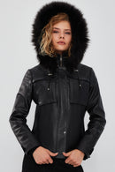 Elenor Women's Black Hooded Fur Leather Jacket | Derimod