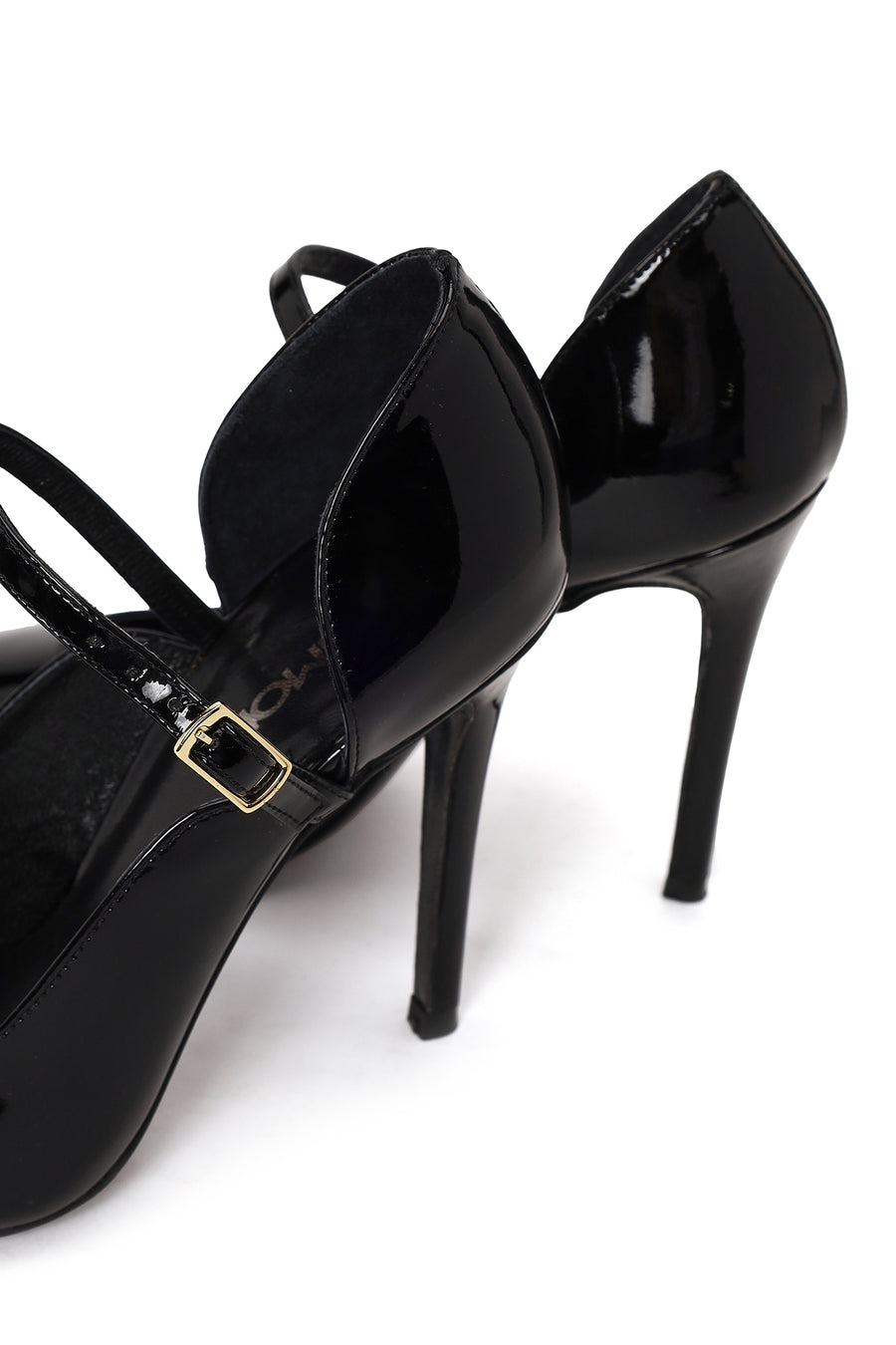 Woman Black Buckled High Thin-Heeled Patent Leather Leather Shoes