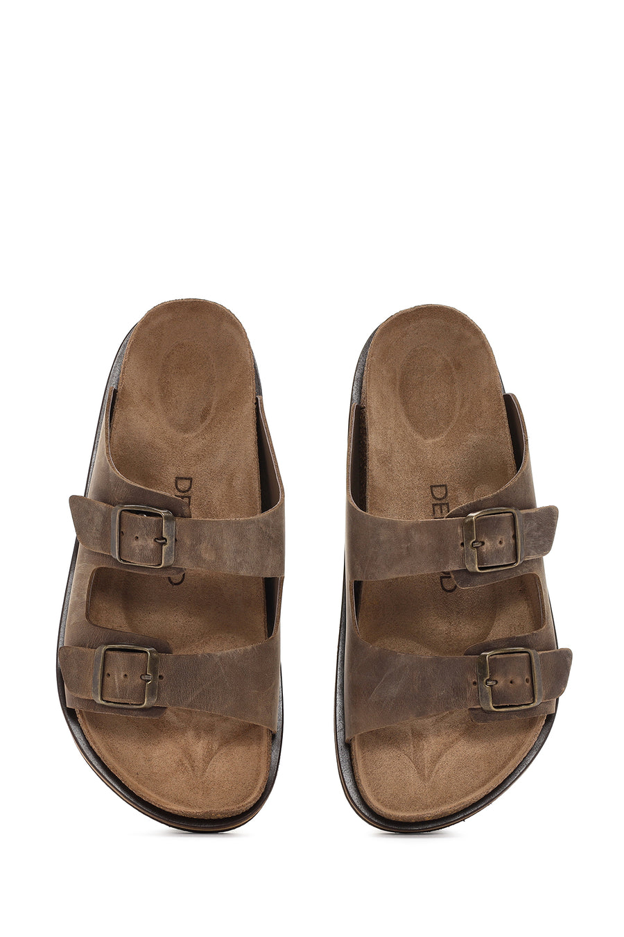Men's Beige Buckled Nubuck Leather Slippers
